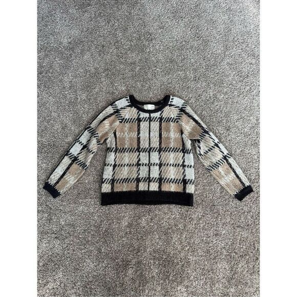 J.O.A. Natural Cozy Plaid Pullover Sweater Fuzzy Mohair Wool Checked Boxy Medium - Picture 6 of 13
